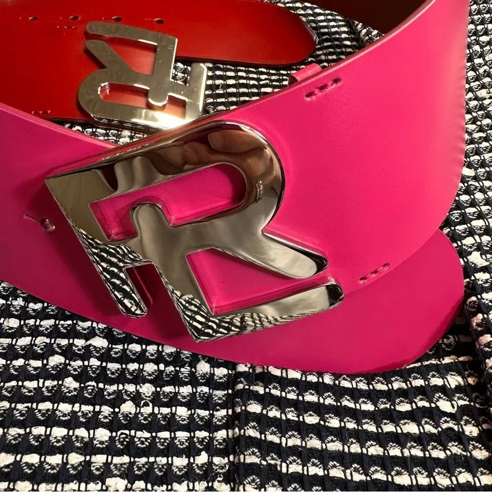 Ralph Lauren Collection Wide Stacked RL Monogram Buckle Peony Pink Calfskin Belt